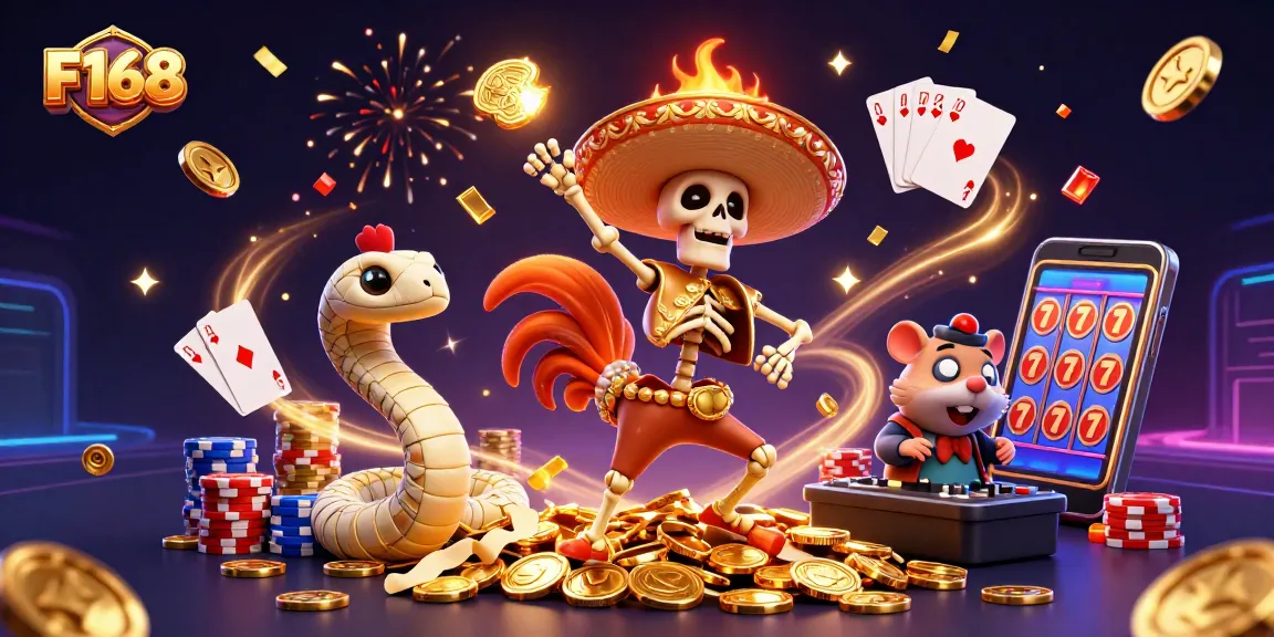 F168 casino victory scene featuring lively characters dancing on gold coins and gaming symbols.