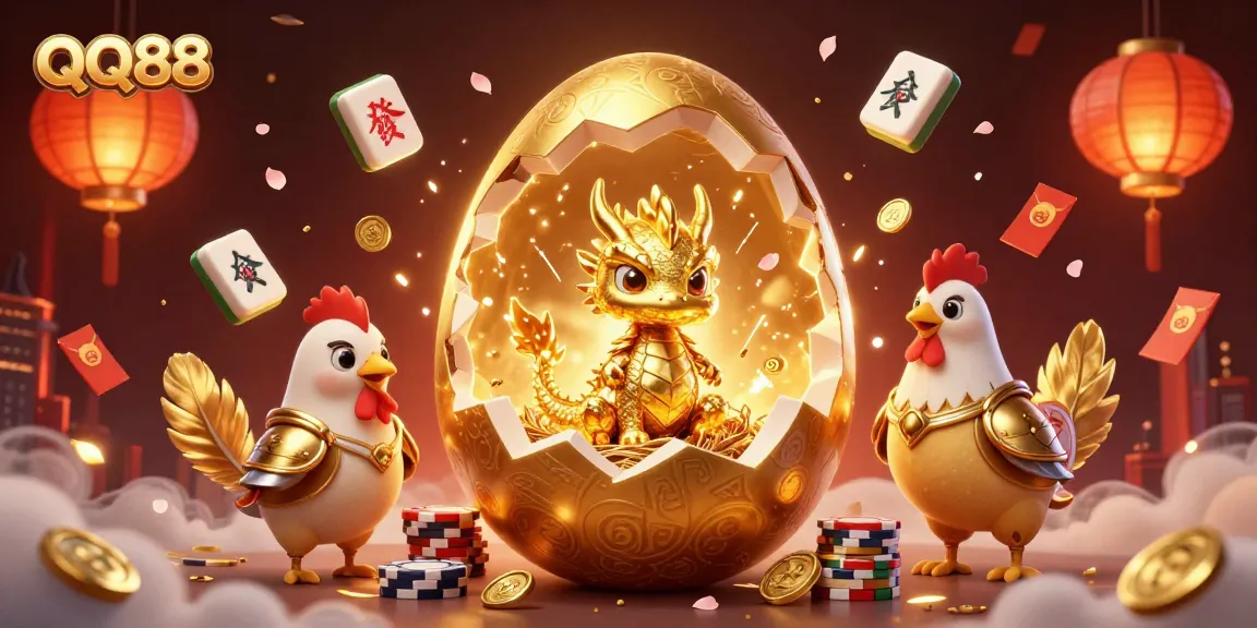 Experience thrilling gameplay at QQ88 with a golden dragon emerging from chips, surrounded by festive elements.