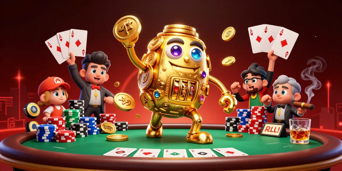 Engage with HHBD's vibrant casino world featuring a dynamic golden golem and poker elements.