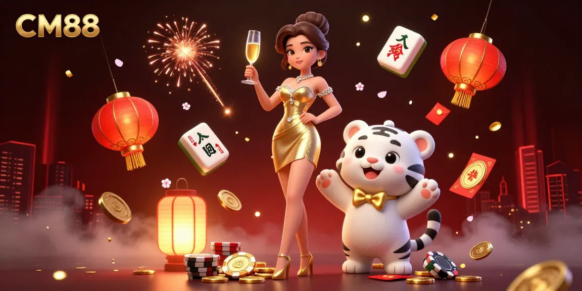 Engage in the thrilling atmosphere of CM88 with a glamorous scene of winning casino elements and a lucky tiger.