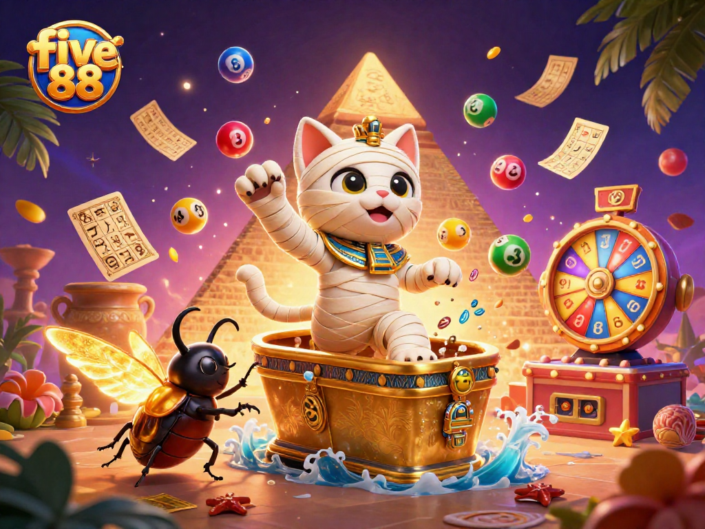Engage with thrilling five 88 casino excitement through a vibrant illustration of lottery games and rewards.