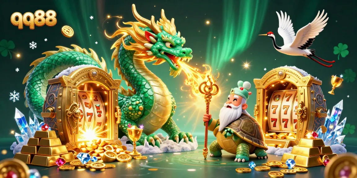 Experience vibrant qq88 casino action with jade dragon and treasure in a dynamic 3D illustration.