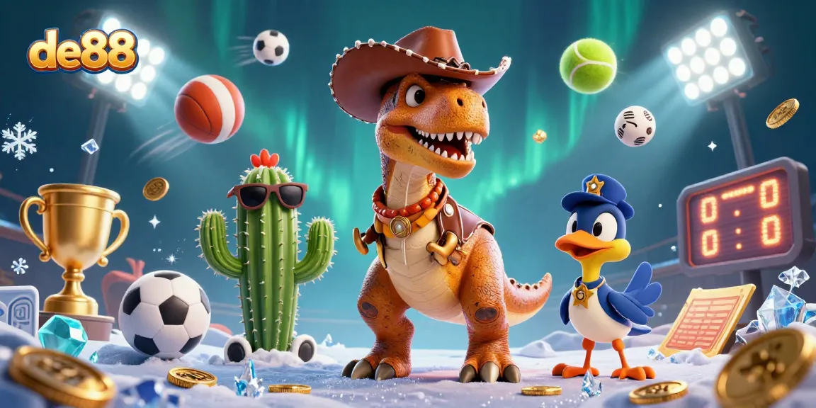 Experience thrilling sports betting action with de88, featuring a cowboy dinosaur and dynamic game elements.