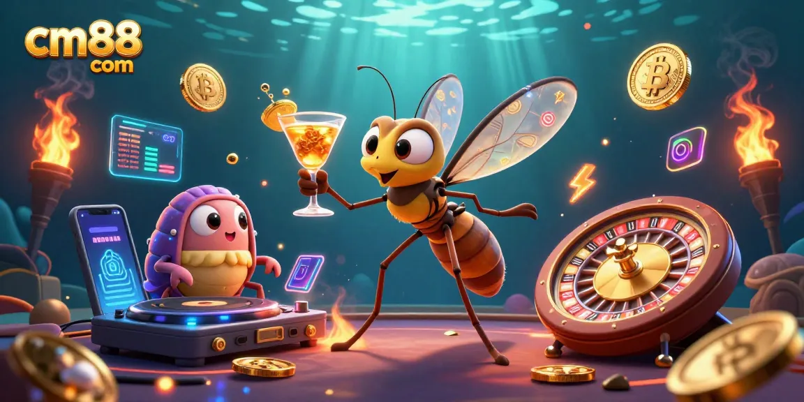Engage with cm88 com's vibrant casino scene featuring a frozen mosquito mascot and trilobite DJ.