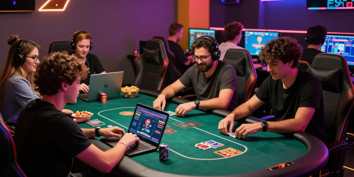 Friends enjoying online gambling experience at https://go99vn.city/ poker table with vibrant lights and tech.