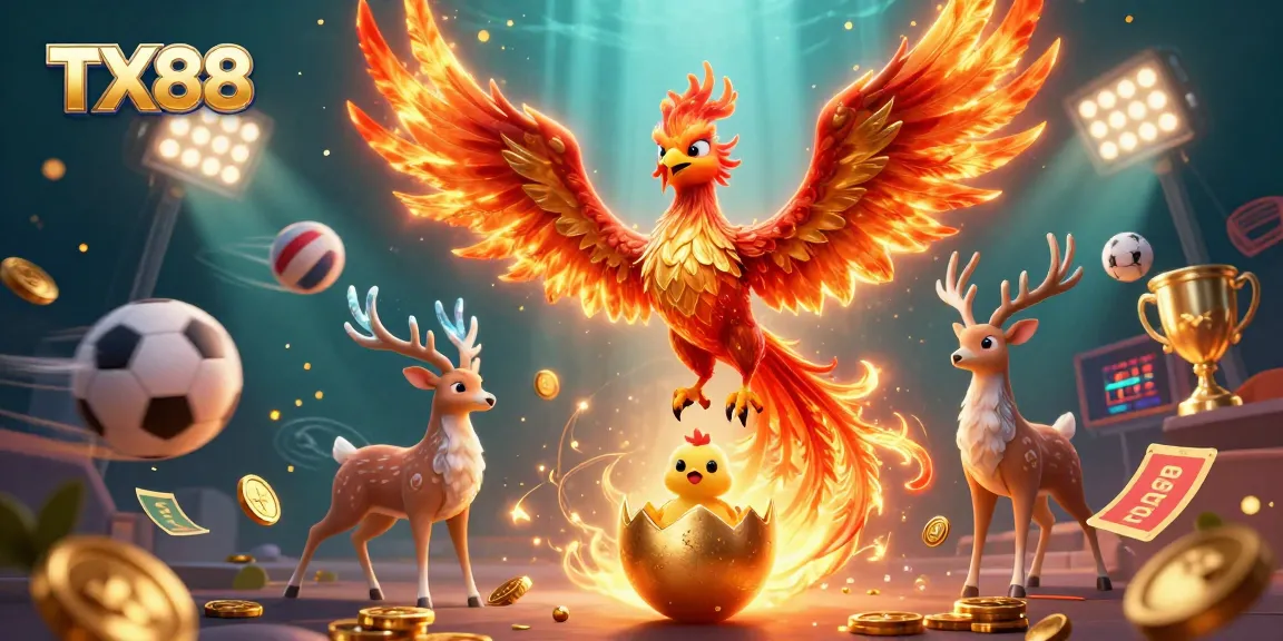 Bet on TX88 with a dynamic illustration of a phoenix, sports elements, and vibrant colors.