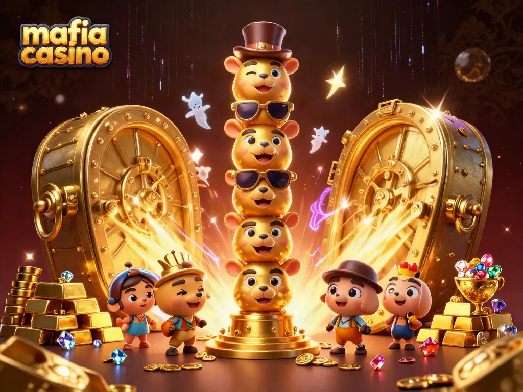 Experience the thrill of mafia casino with captivating 3D graphics of a golden totem and treasures.