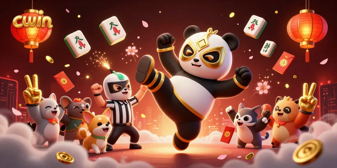 Cwin showcases a thrilling casino scene with a panda wrestler kicking while bright casino elements surround it.