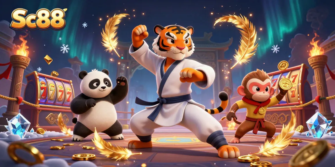 Experience the excitement of Sc88 with a kung fu tiger and friends in a vibrant casino scene.