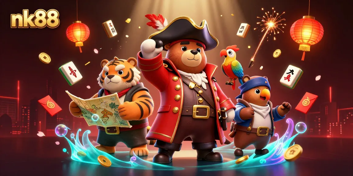 Experience the excitement of nk88 with a vibrant 3D casino scene featuring pirate characters and festive game elements.