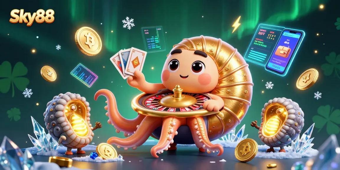Experience Sky88's thrilling 3D casino adventure featuring a vibrant nautilus roulette and vivid crypto elements.