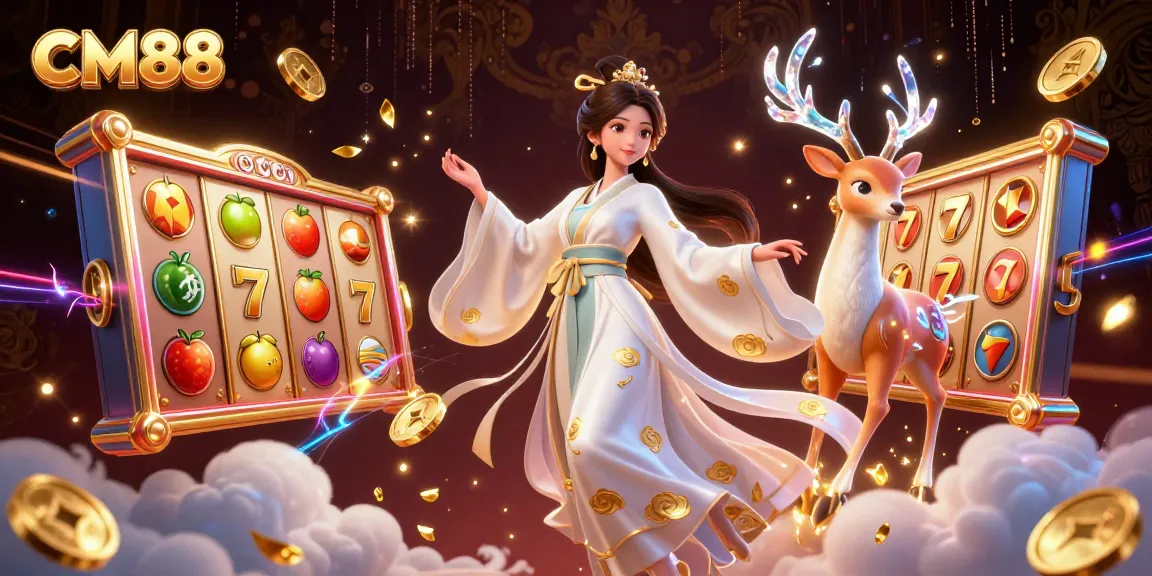 Join the fun at CM88 with an electrifying 3D casino scene showcasing vibrant slot game elements.