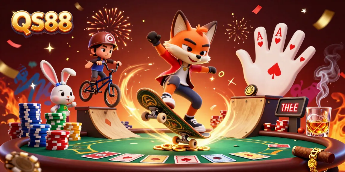 Experience thrilling gaming with QS88's vibrant casino-themed illustration featuring fox and rabbit characters.