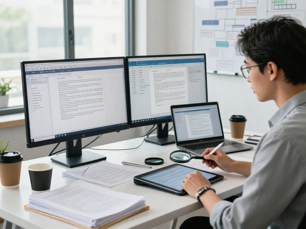 Document fraud detection analyst examining digital documents with advanced forensic tools in a modern office.