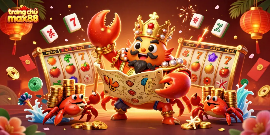 Engage with the vibrant world of gaming on trang chủ max88 showcasing a golden crab emperor amidst casino elements.