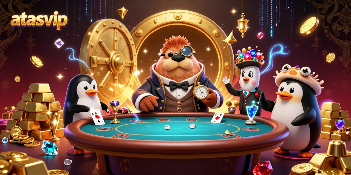 Experience exciting poker gameplay at atasvip, showcasing a walrus in a Victorian outfit at an underwater casino.