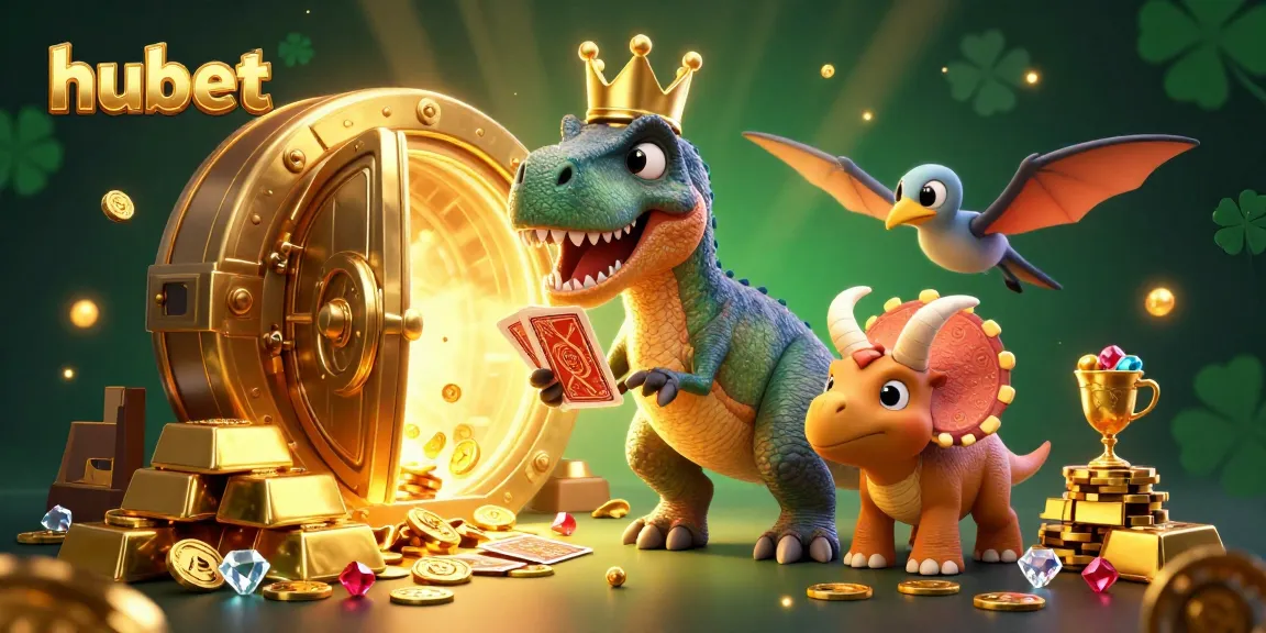 hubet offers thrilling card games, with a friendly T-Rex shuffling cards, captivating players in a glittering casino.