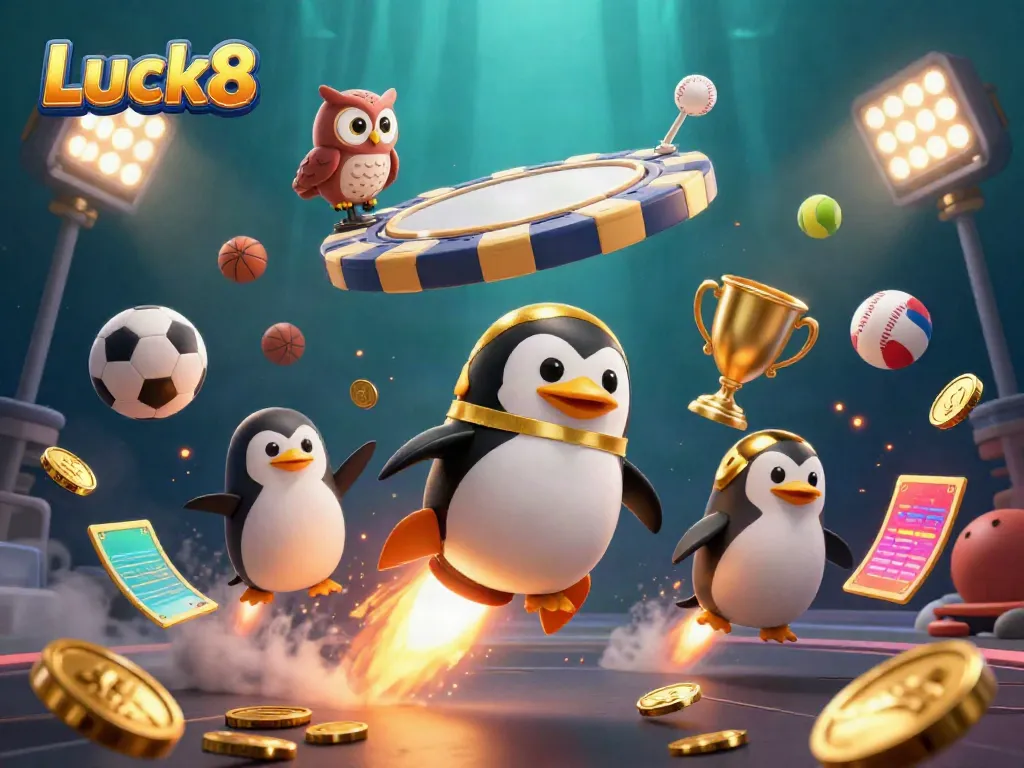 Experience exciting gaming at Luck8 with a 3D rocket-powered penguin soaring toward a casino giant poker chip.