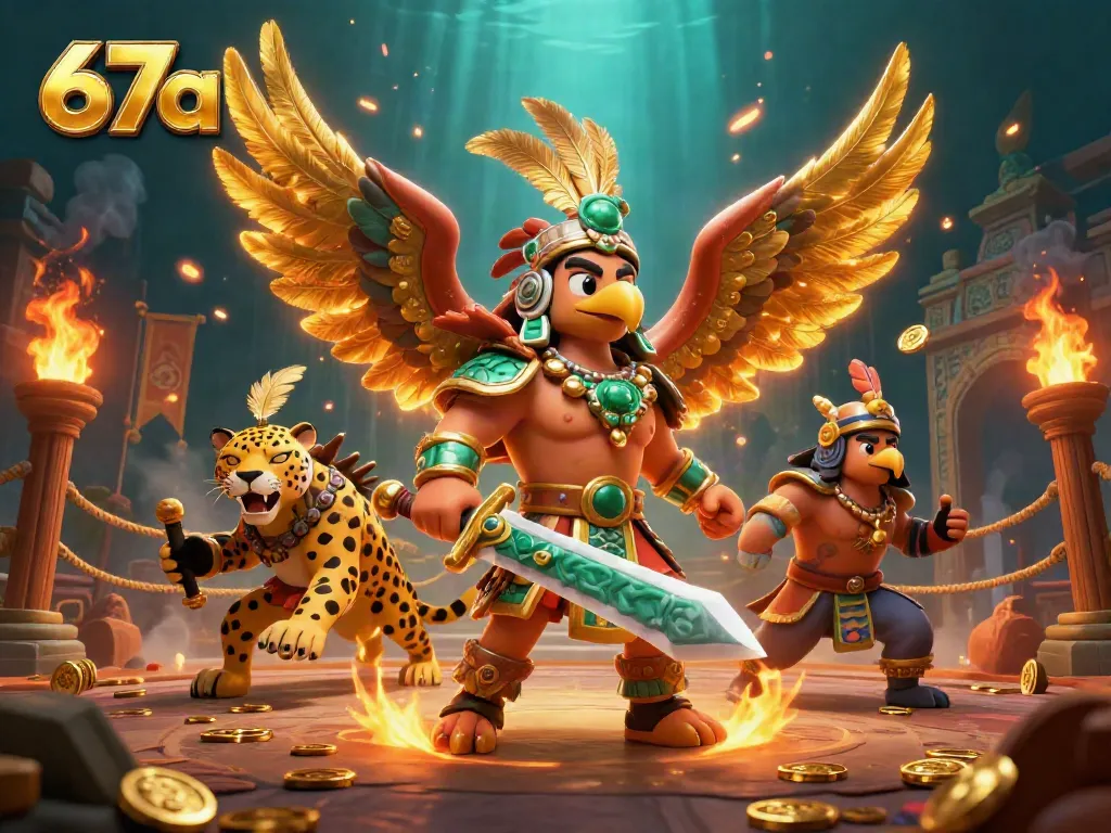 Experience the thrill of 67a with dynamic warriors amidst swirling golden elements and energetic casino gameplay.