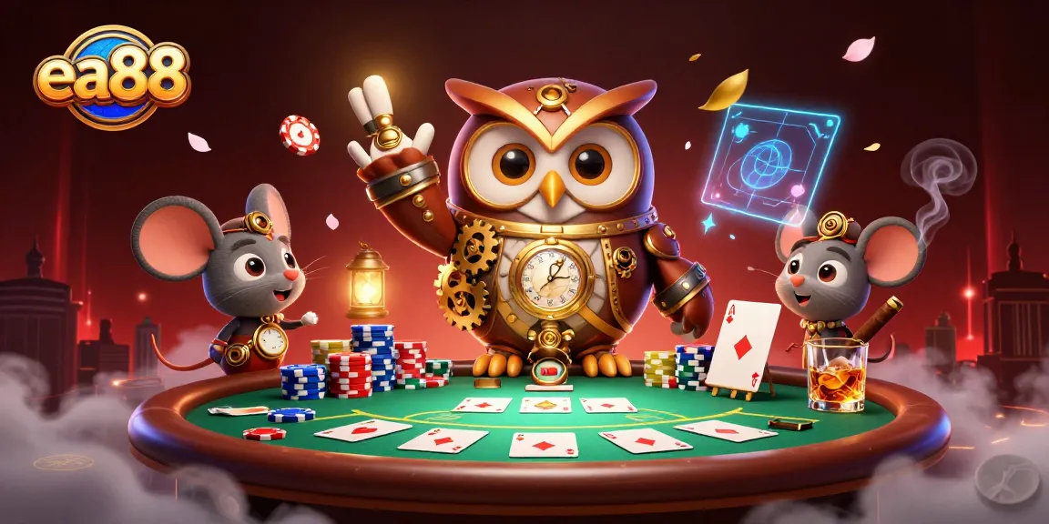Experience the exciting world of ea88 with a vibrant casino scene featuring a time-traveler owl and poker elements.