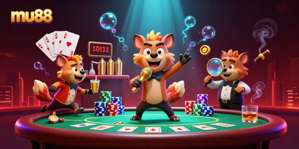 Engage in thrilling gaming at mu88's lively casino club with animated hyenas.