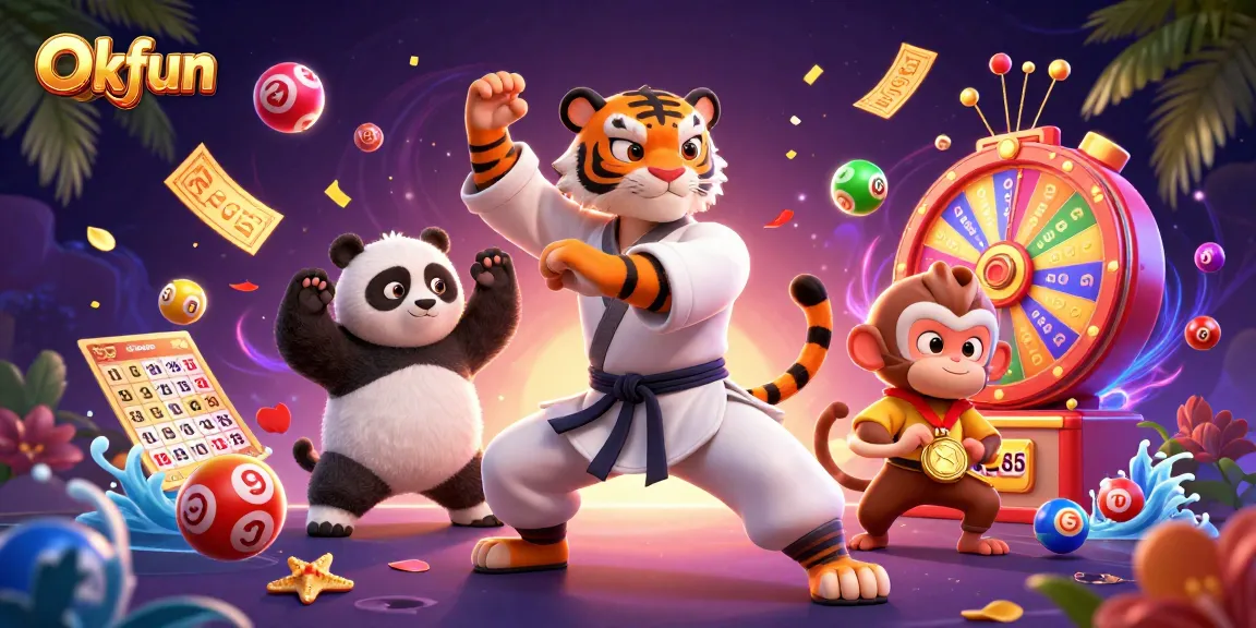 Engage with Okfun's vibrant casino scene featuring a kung fu tiger, panda, and monkey amidst colorful lottery excitement.