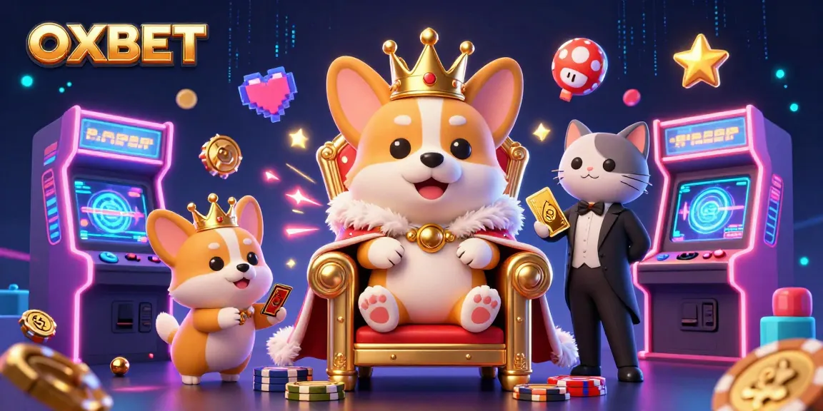 Experience OXBET's captivating 3D illustration depicting a royal corgi on a poker chip throne amidst vibrant gaming elements.