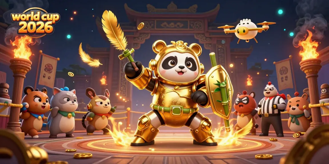 Engage with world cup 2026 action featuring a mech-suit panda in a vibrant gambling arena.