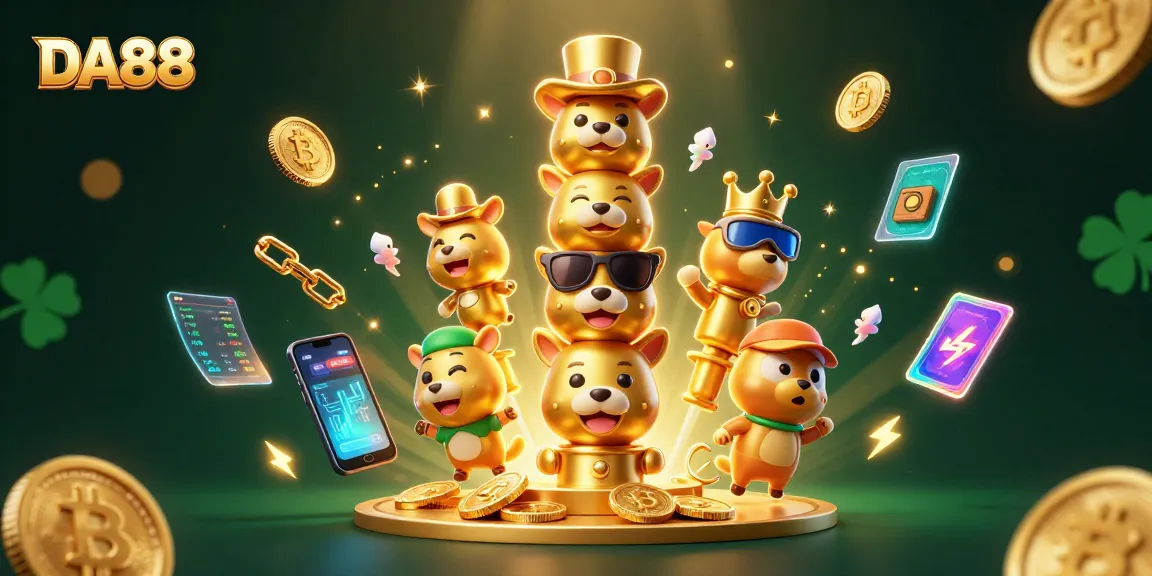 Experience vibrant gameplay at DA88 with a dynamic 3D casino scene featuring animated totem and crypto elements.
