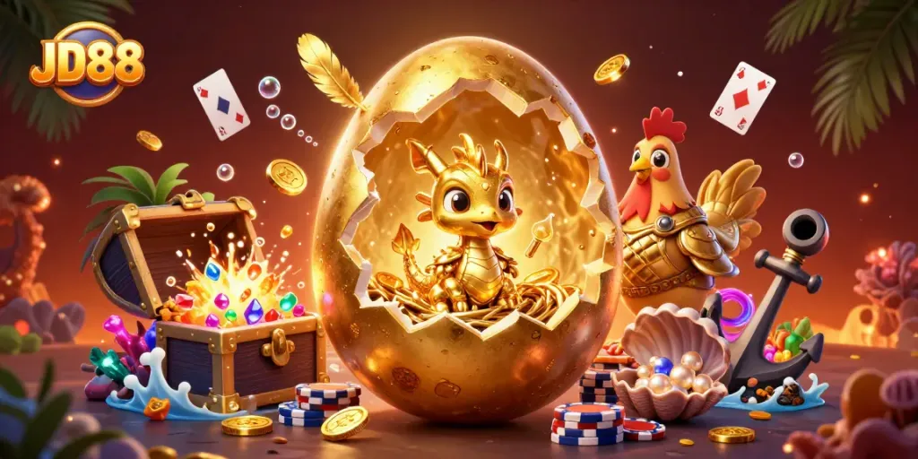 Enjoy thrilling JD88 gaming experiences with golden dragon and poker chips amidst treasure!