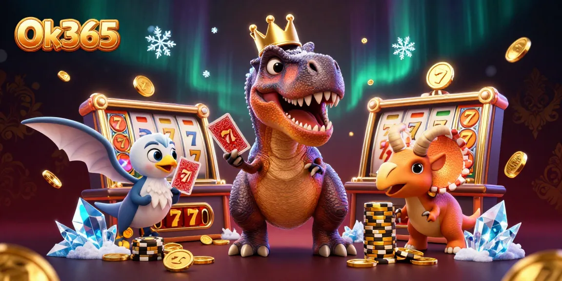 Experience excitement at Ok365 with a friendly T-Rex, cards, and casino elements in a vibrant 3D scene.