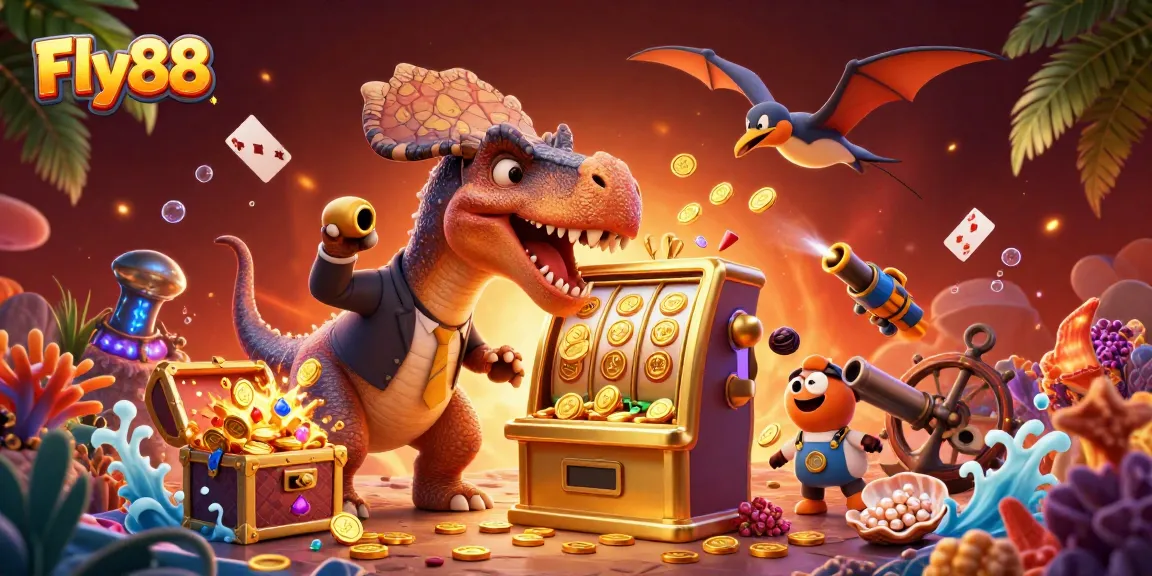 Fly88 players engage in the thrill of winning jackpot coins from a golden slot machine in a vibrant casino scene.
