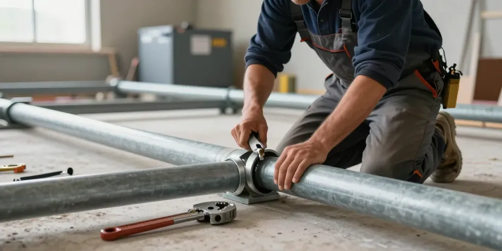 Tecnico idraulico che utilizza un giratubi su un tubo in un cantiere.