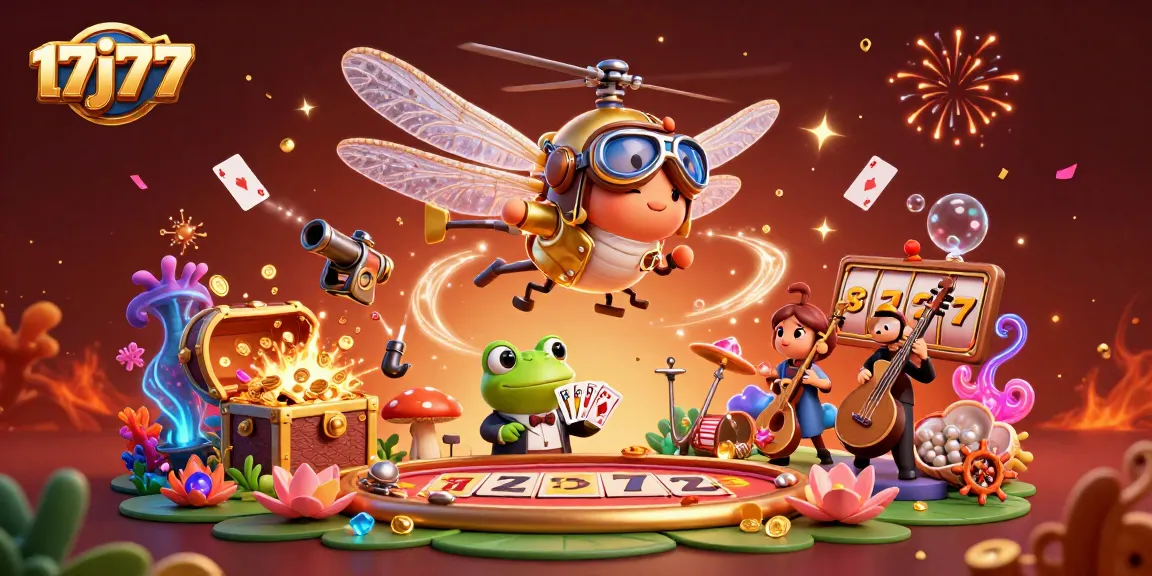 Experience thrilling gameplay with 17j77, featuring a lively casino scene with a dragonfly pilot and frog dealer.