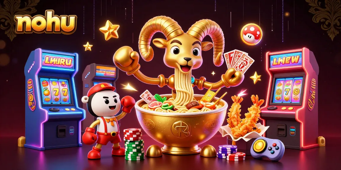 Experience the excitement of nohu with a dynamic scene featuring a giant ramen bowl and slot machines.
