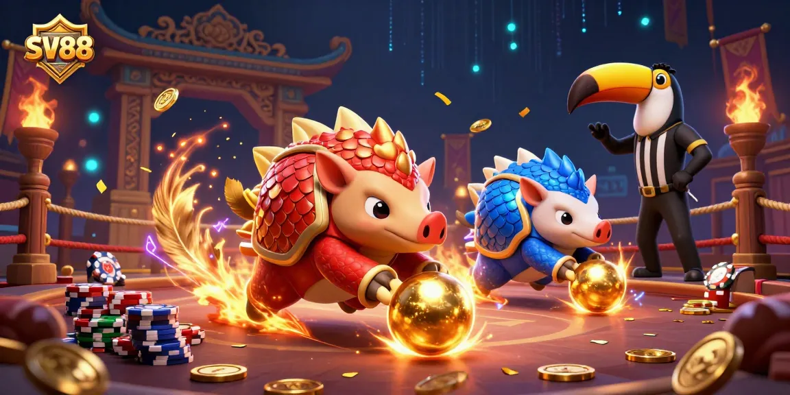 SV88 pangolins duel in a vibrant gambling arena, bowling poker chips in a thrilling 3D scene.