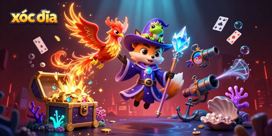 xóc đĩa gameplay scene showcasing mystical wizard fox and a fiery phoenix amidst vibrant treasures.