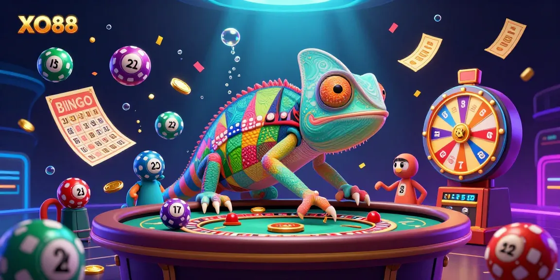 Experience the excitement of XO88 with a vibrant chameleon casino owner amidst lottery elements and dynamic gambling activity.