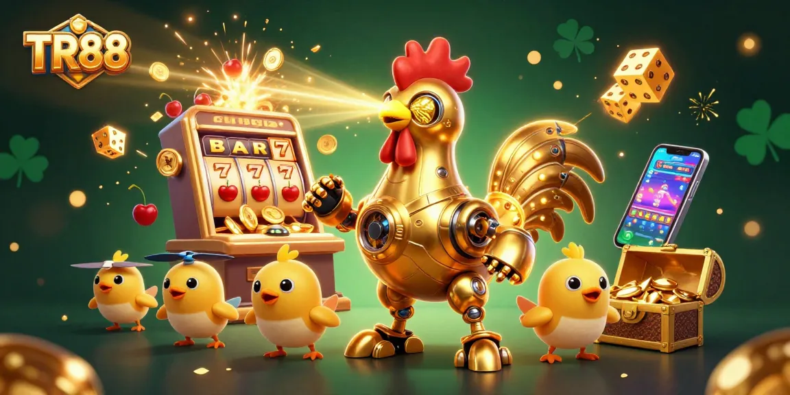 Experience excitement at TR88 with a vibrant jackpot scene and a futuristic rooster robot.