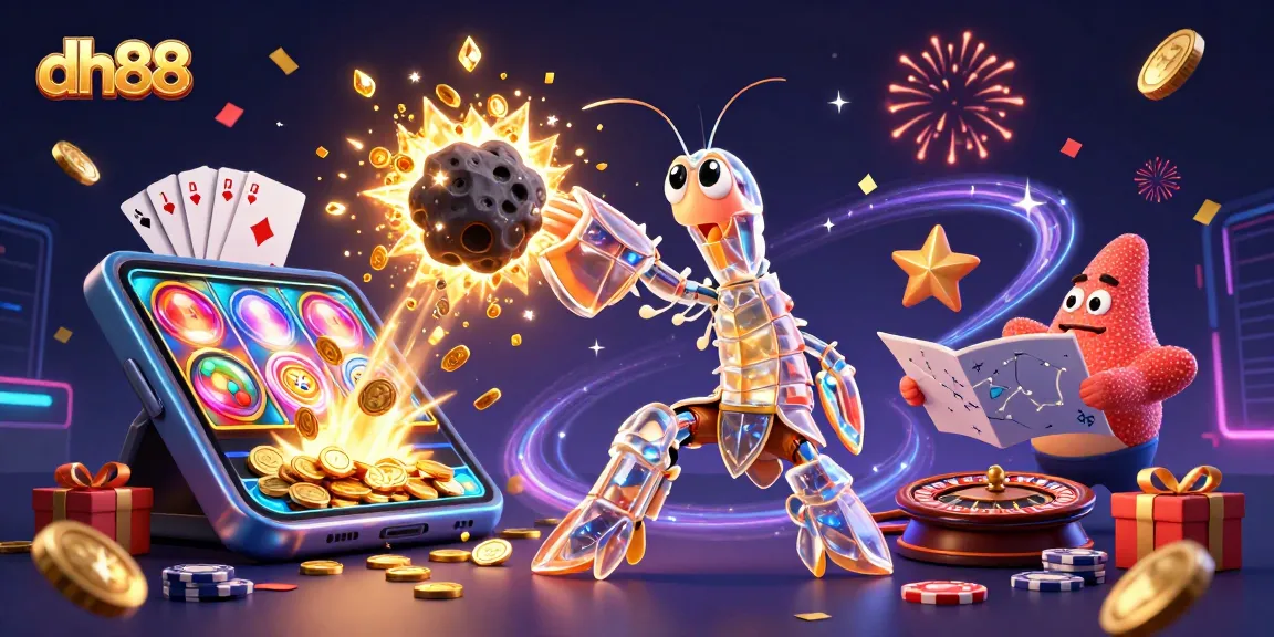 dh88 features a dynamic scene with a mantis shrimp and starfish amidst exploding coins and slot games.