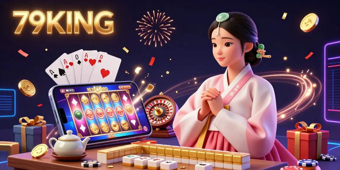 Experience the thrill of 79KING with colorful slots, poker chips, and festive confetti in a vibrant scene.