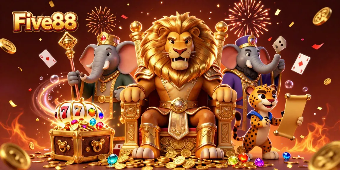 Experience the thrill at Five88 with a fierce lion king, celebrating explosive wins amidst vibrant gaming elements.