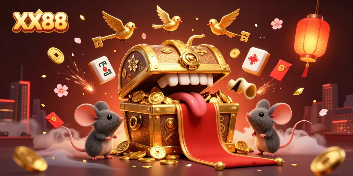 Engage in thrilling gaming adventures at XX88, with a vibrant, treasure-filled scene featuring iconic casino elements.