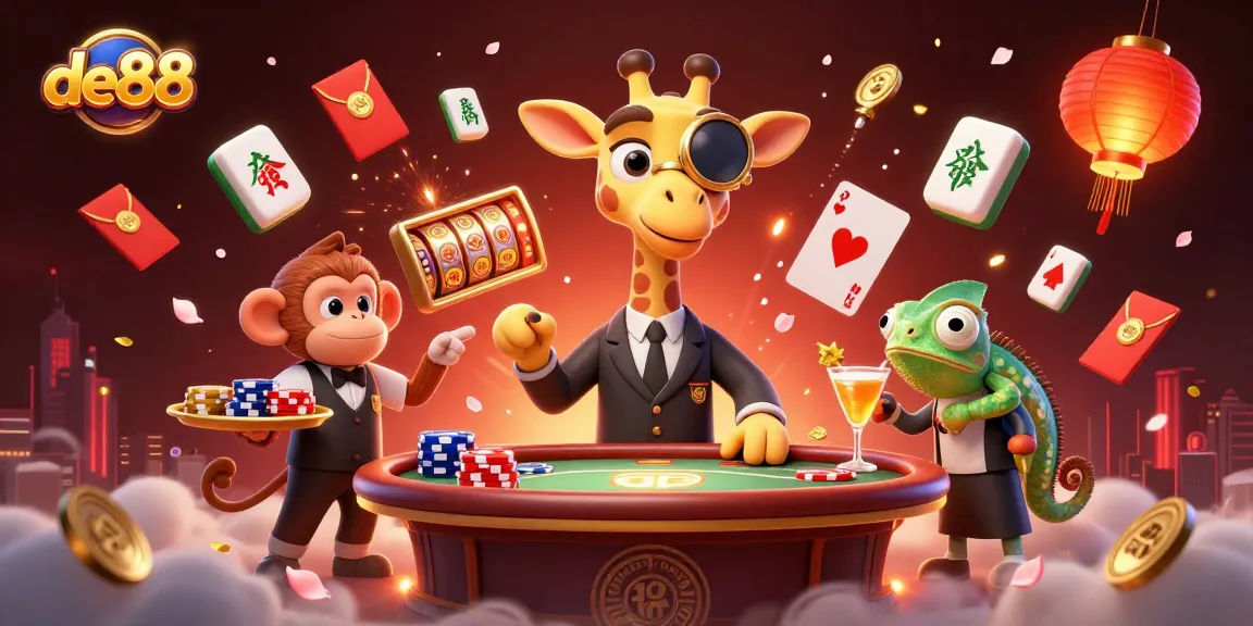 Experience the thrilling games at de88 with a high-roller giraffe, monkey valet, and chameleon bartender at a vibrant casino scene.