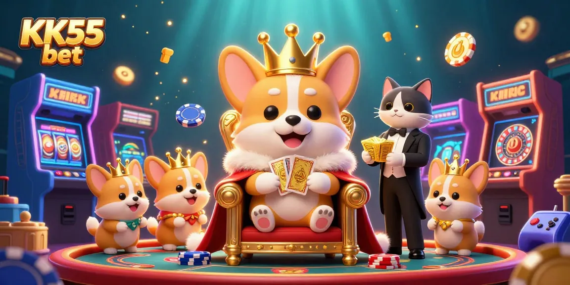 Play and win at KK55 bet with a lively casino scene featuring a royal corgi and exciting game elements.