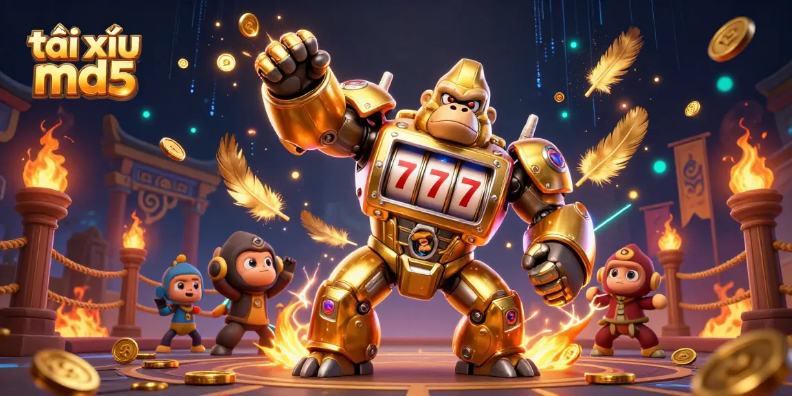 Engaging visual of tài xỉu md5 game with a transformer-style mech and colorful casino elements exploding around.