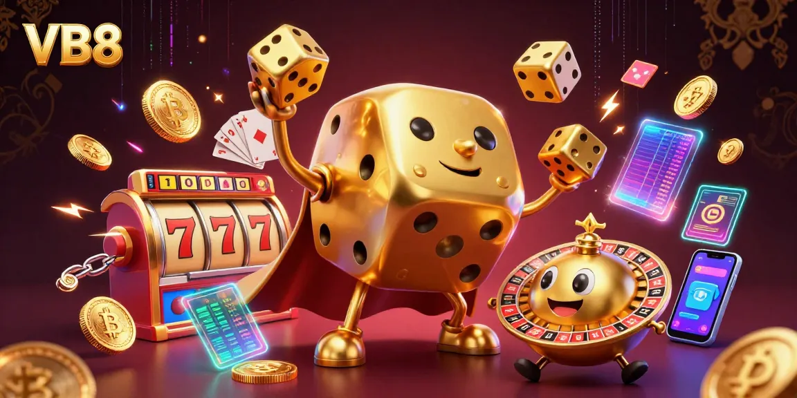 Enhance your winnings with VB8 in a vibrant cartoon casino scene featuring golden dice and slot machines.