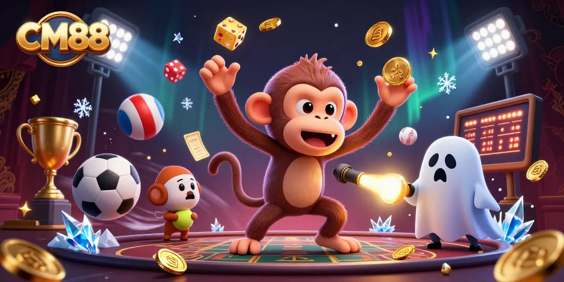 Experience the excitement of CM88 with a playful poltergeist monkey and ghost-hunter puppy in a vibrant haunted casino.
