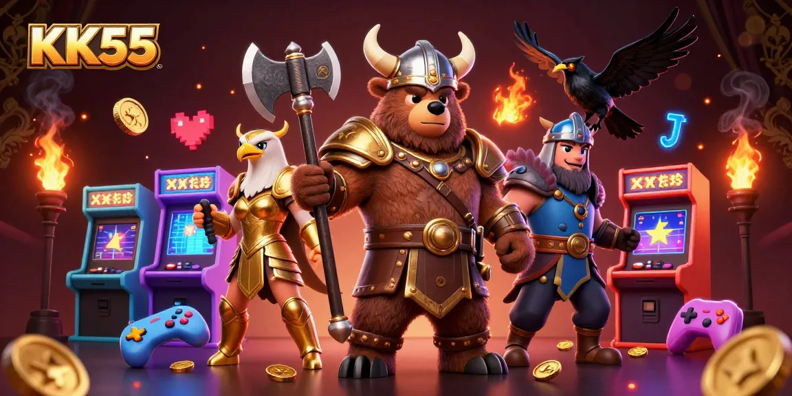 Engage with KK55's thrilling online gambling experience amidst digital arcade elements and fantasy characters.