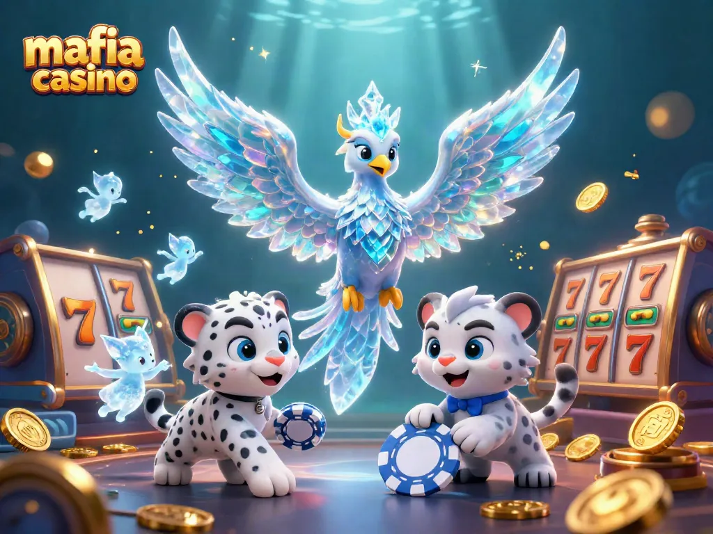 Mafia casino adventure with an ice phoenix, snow leopard, and vibrant slot reels.